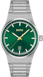 BOSS Candor men's watch front view showing green dial