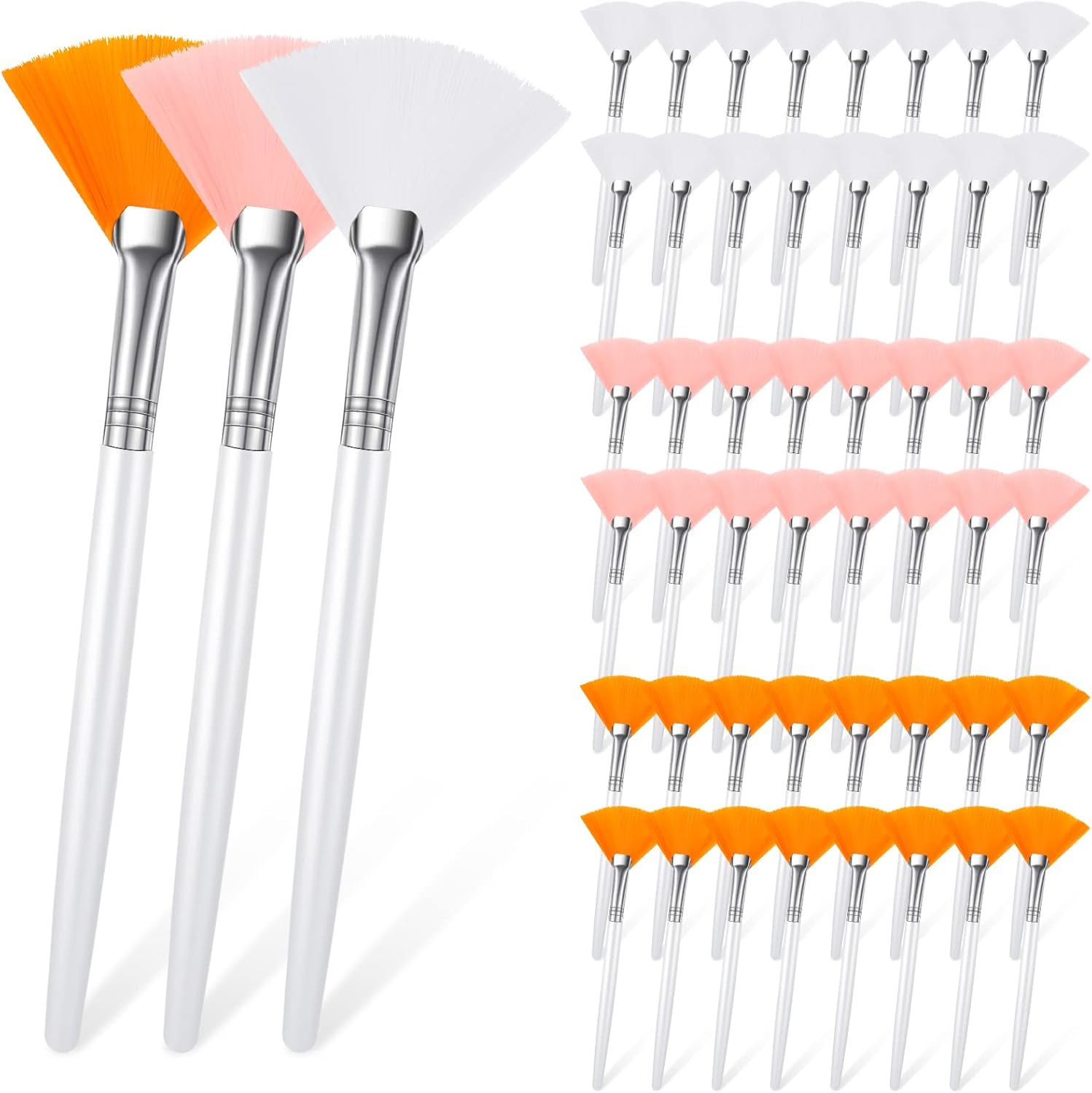 Rtteri 48 Piece Facial Fan Brush Set front view showing pink white and yellow bristles
