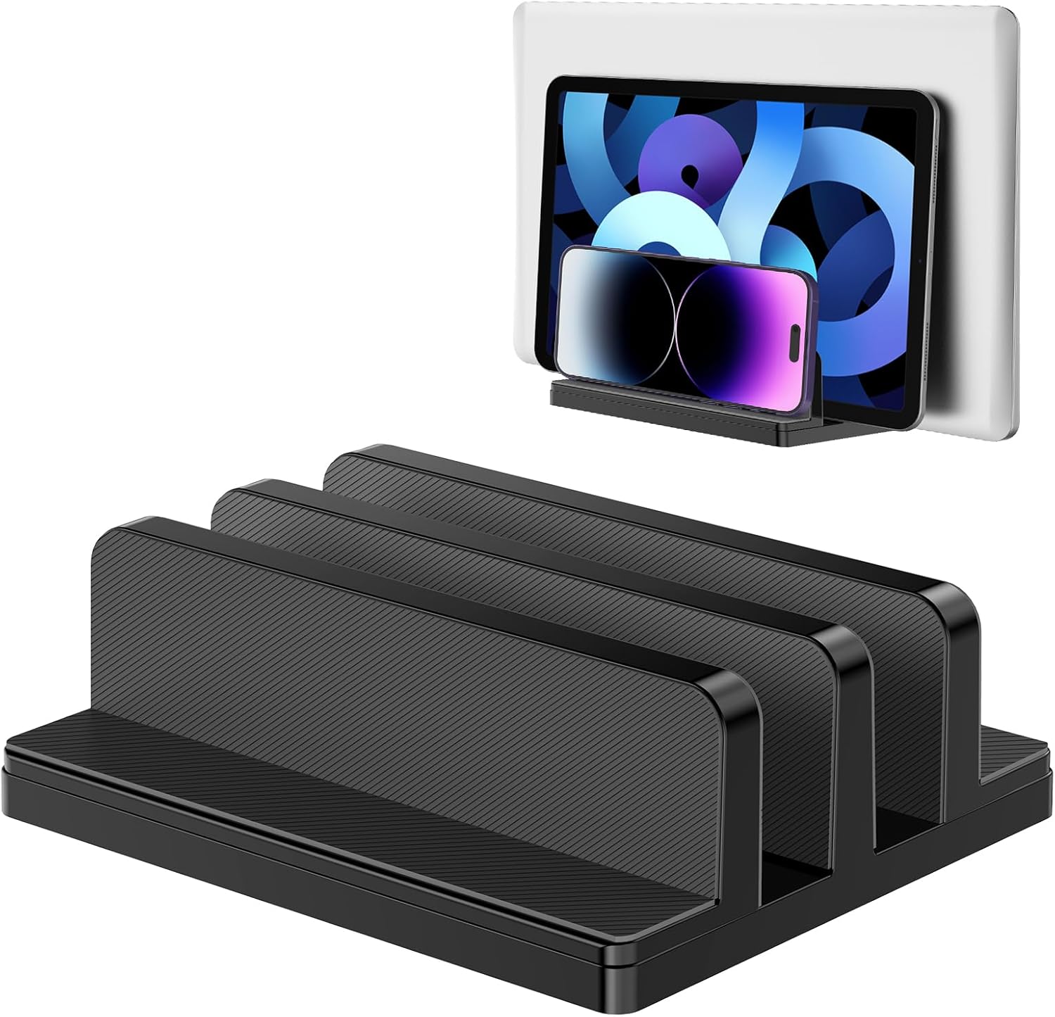 Gogoonike vertical laptop stand dual slot front view holding a laptop and tablet.