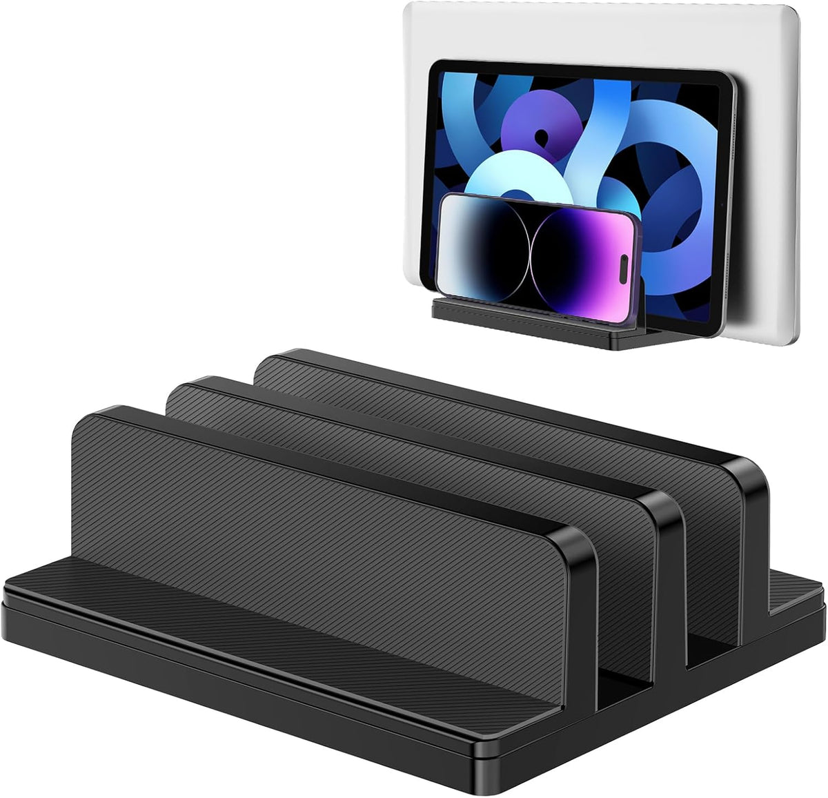 Gogoonike vertical laptop stand dual slot front view holding a laptop and tablet.