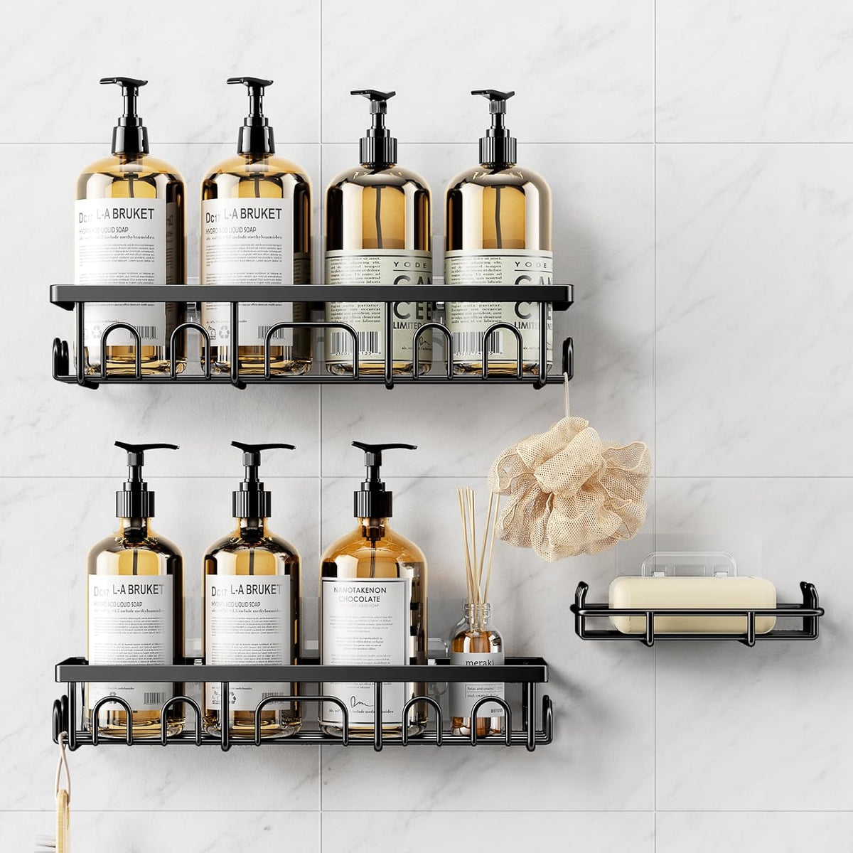 Deyhoc 3 Pack Stainless Steel Shower Caddy front view showing matte black bathroom shelves filled with shampoo bottles.