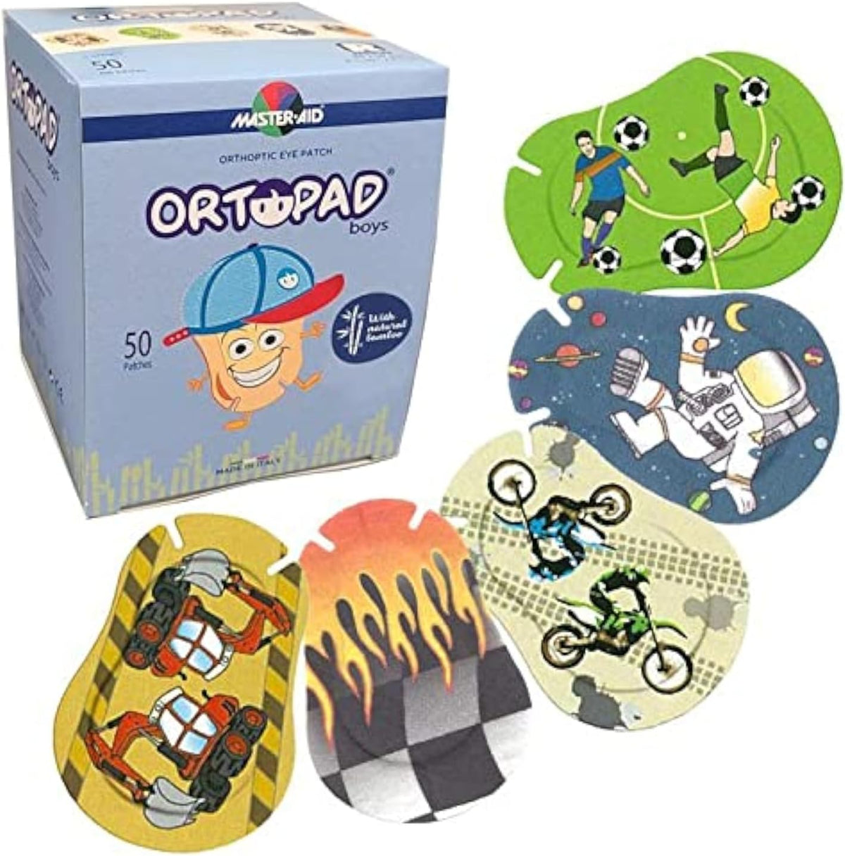 Ortopad Bamboo Boys Eye Patches regular size fifty box front view showcasing authentic packaging for pediatric vision therapy.