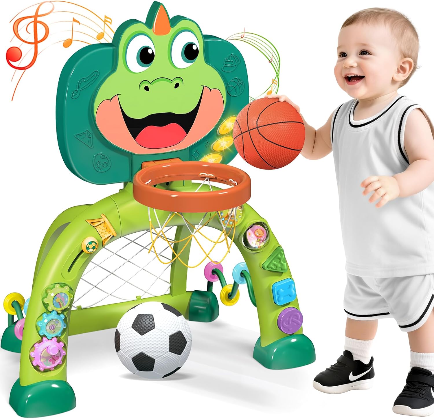Marstone 2-in-1 Dinosaur Basketball Hoop and Soccer Goal front view