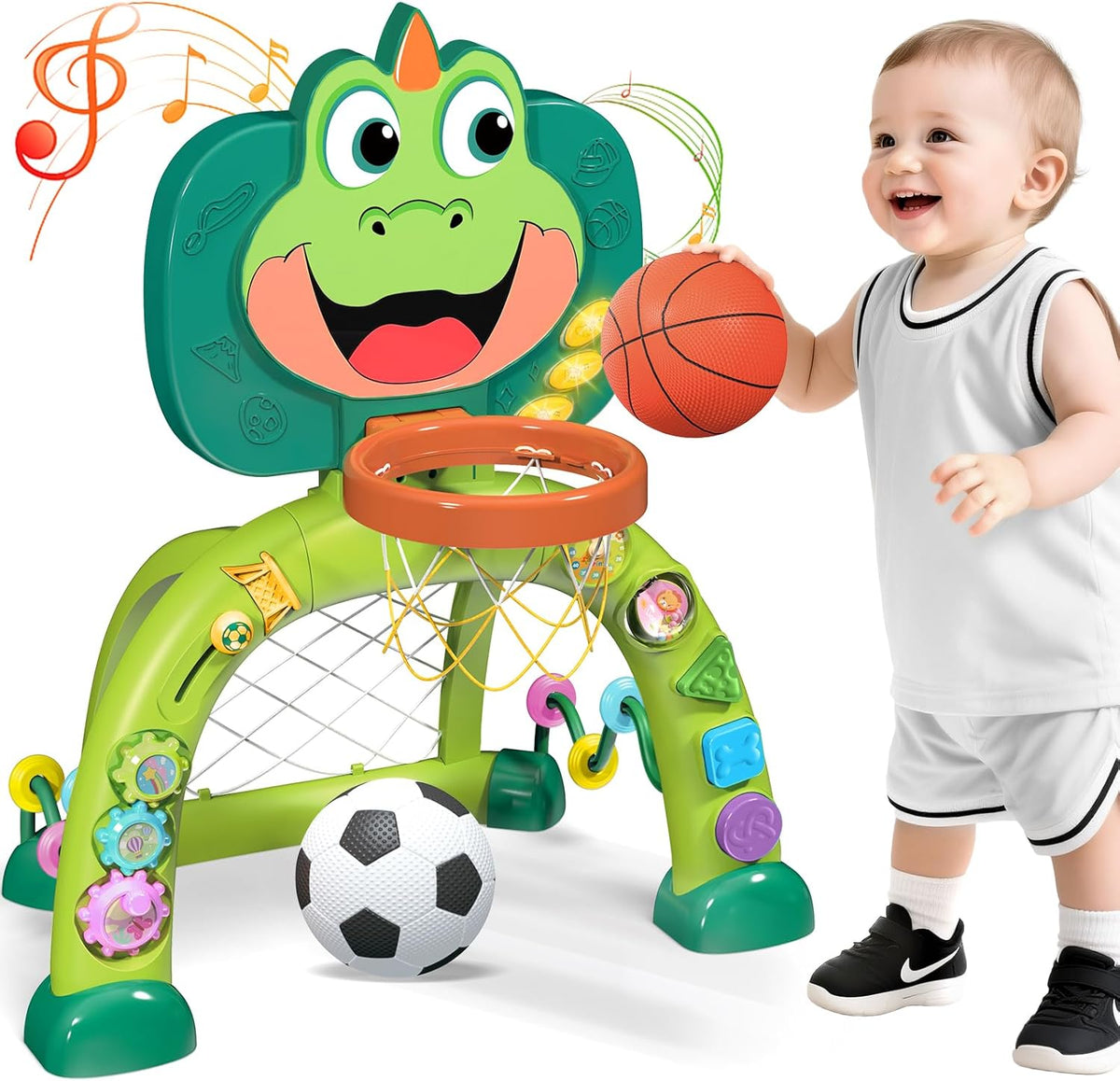 Marstone 2-in-1 Dinosaur Basketball Hoop and Soccer Goal front view