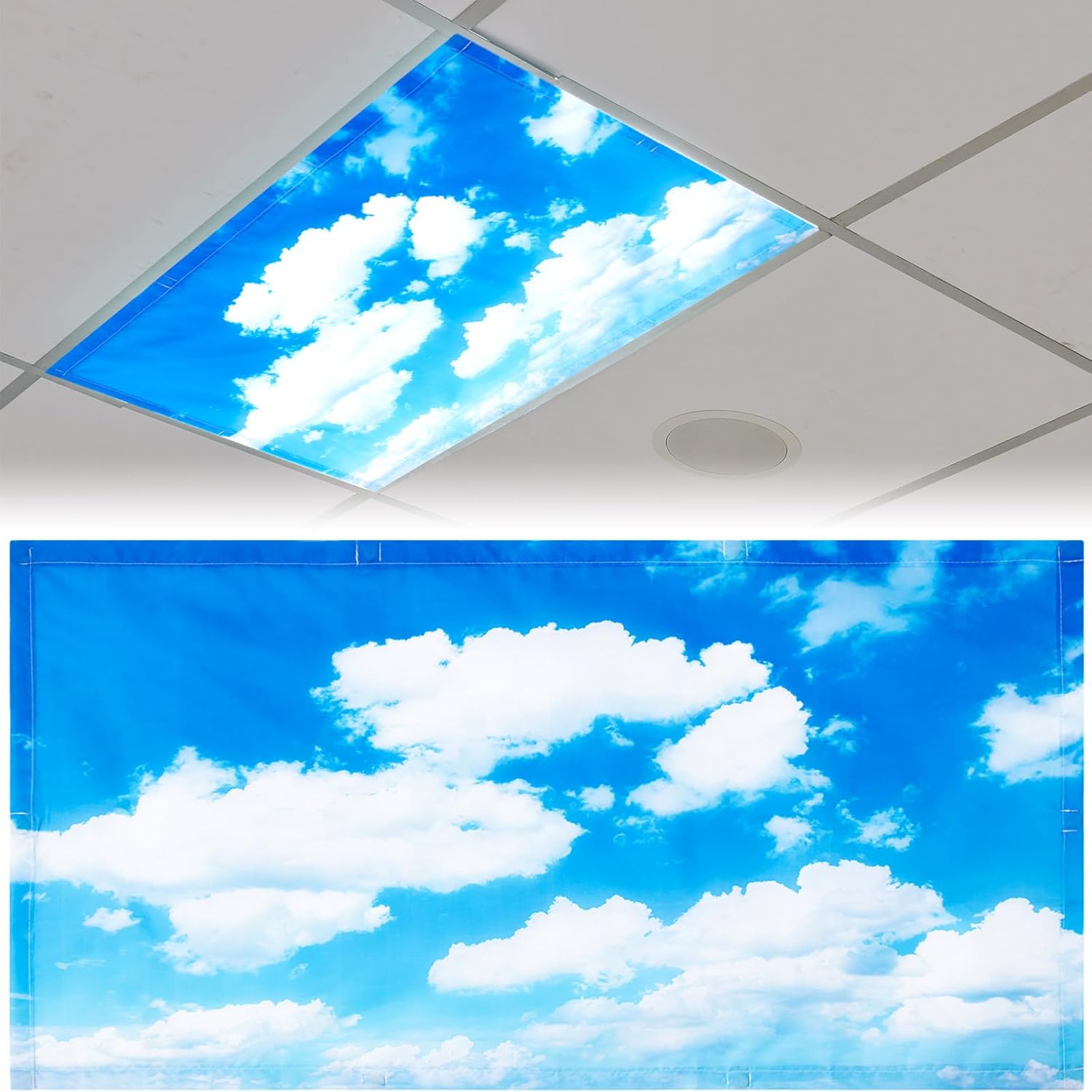 Patelai fluorescent light cover blue sky design front view installed on classroom ceiling light.