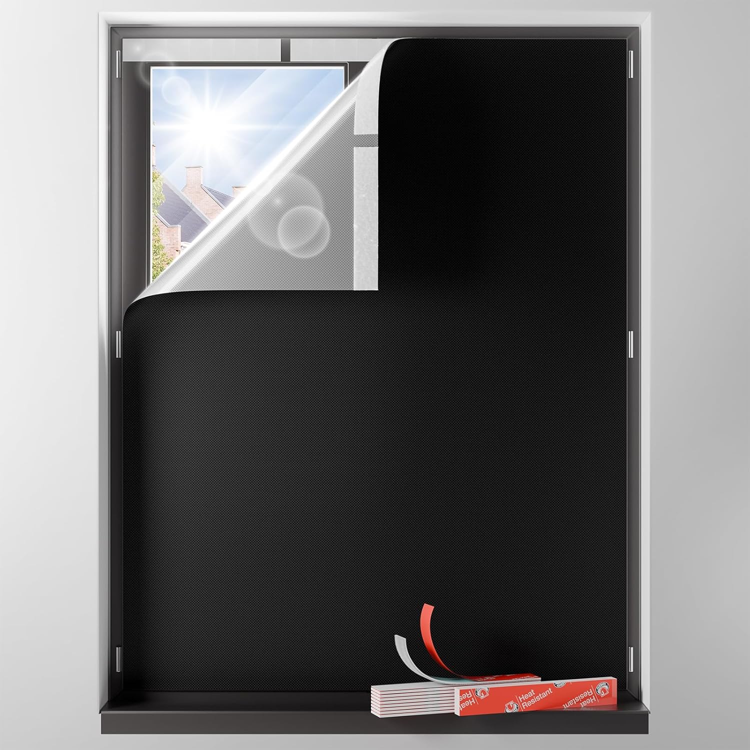 Sumobaby portable no drill blackout curtain front view on bedroom window.