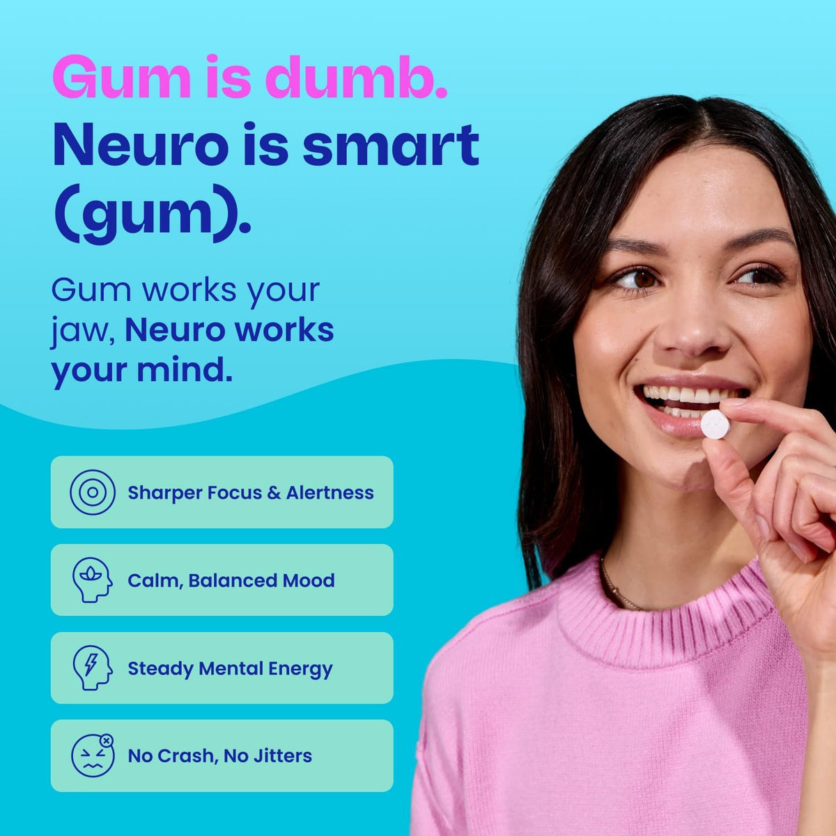 Close up view of Neuro energy chewing gum pieces with natural green coffee bean caffeine.