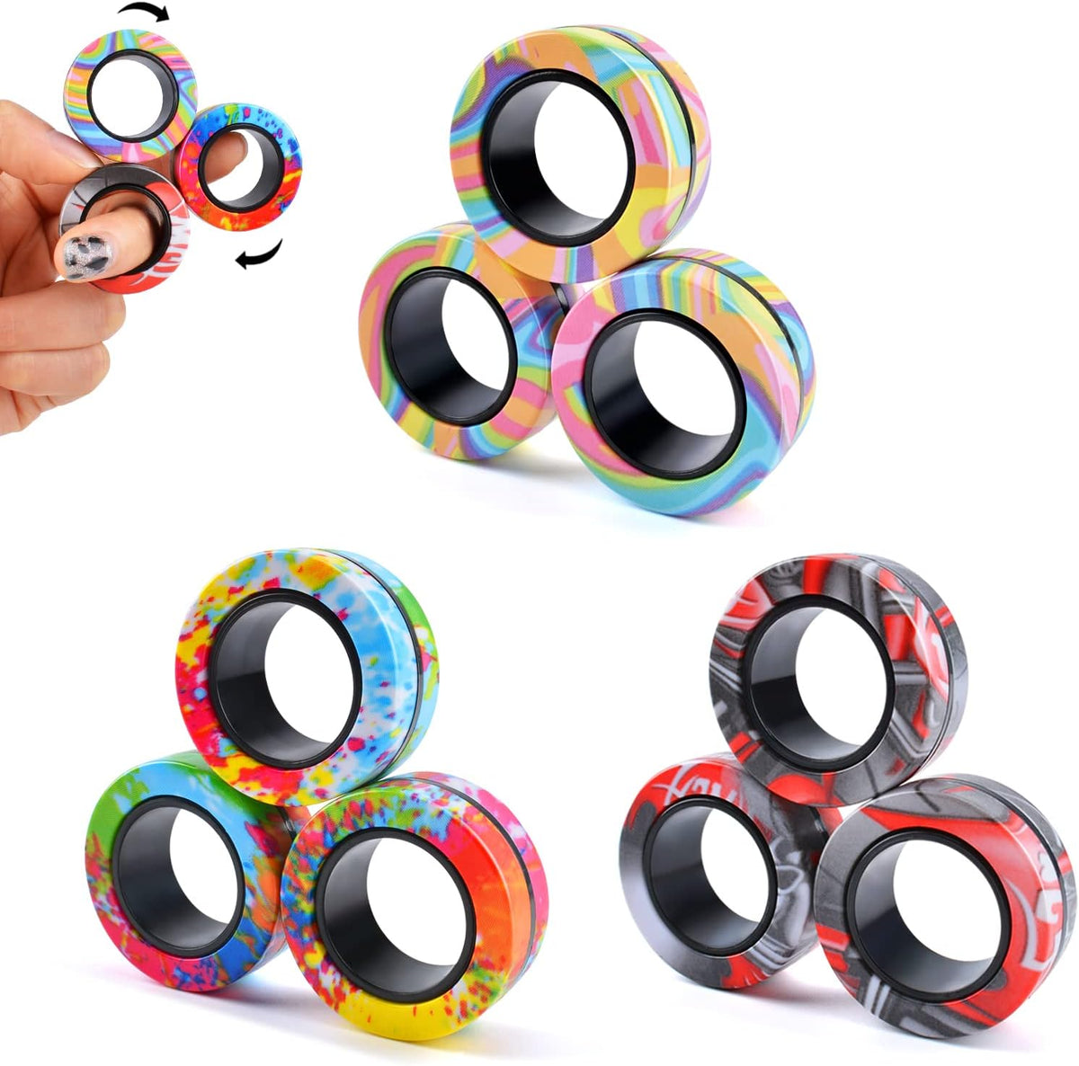 Cevioce 9 Pieces Magnetic Rings Fidget Toy Set front view displaying multicolored patterned rings