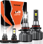 TXBILMOO LED headlight and fog light bulb pack of four front view showing the premium aviation aluminum body and integrated high speed cooling fan.