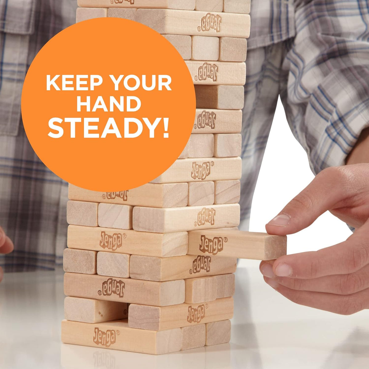Hasbro Jenga game components with stacking sleeve