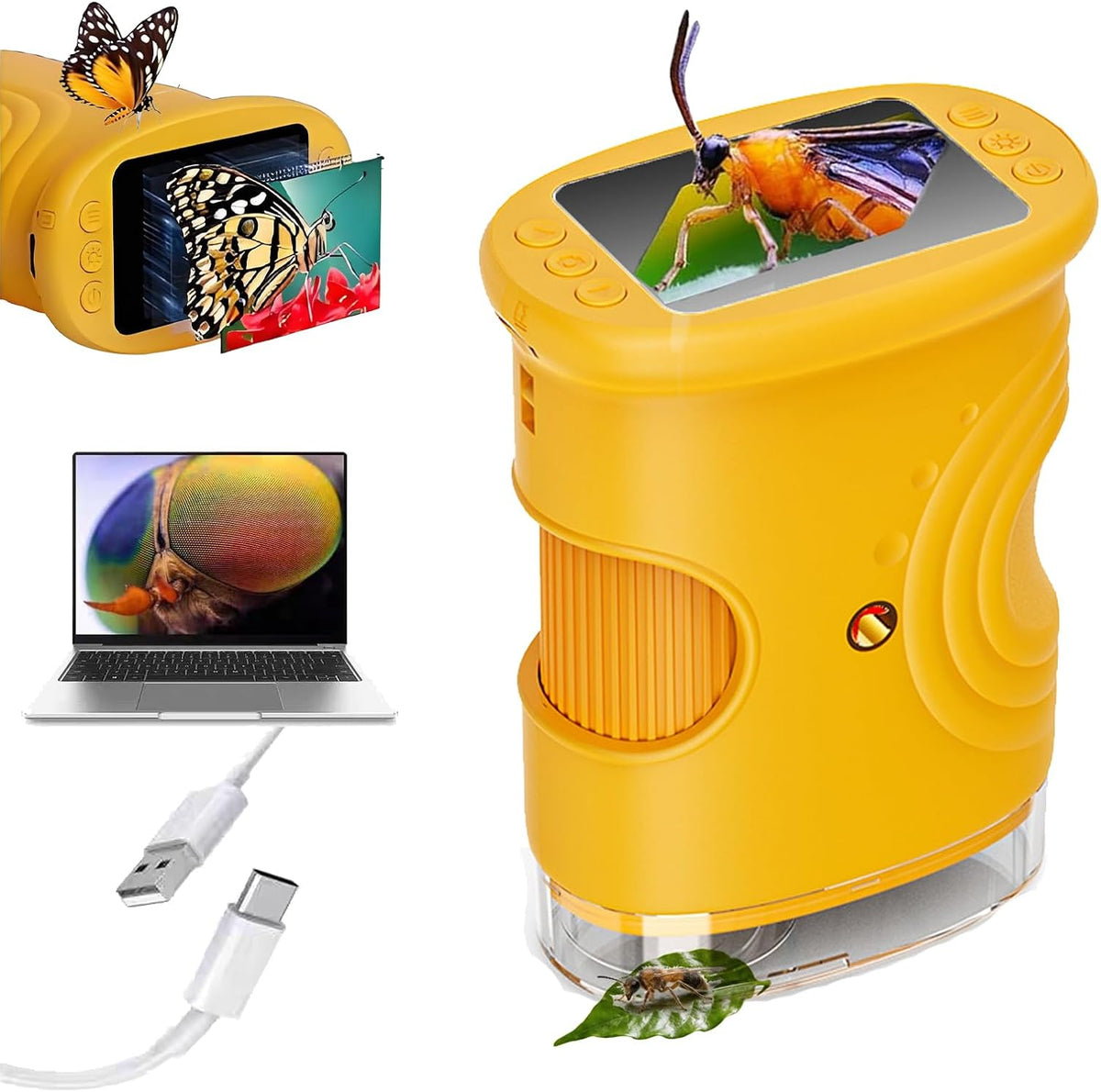 Wonderquest 4K digital microscope yellow front view showing screen
