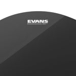 Close up of 10 inch Evans black single ply drum head surface and logo