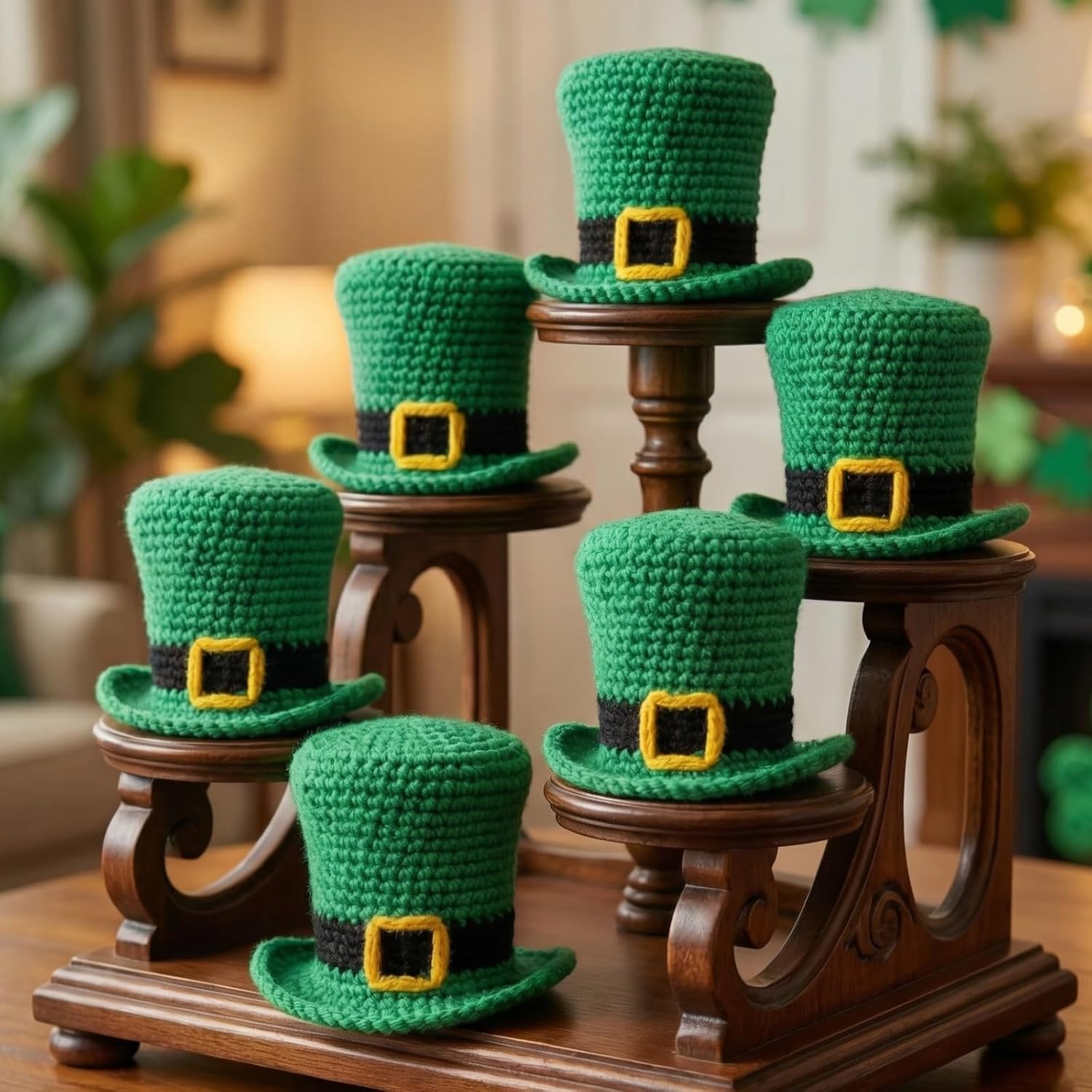 Cotwinter mini crochet leprechaun hats 6 piece set front view for festive Irish decorations