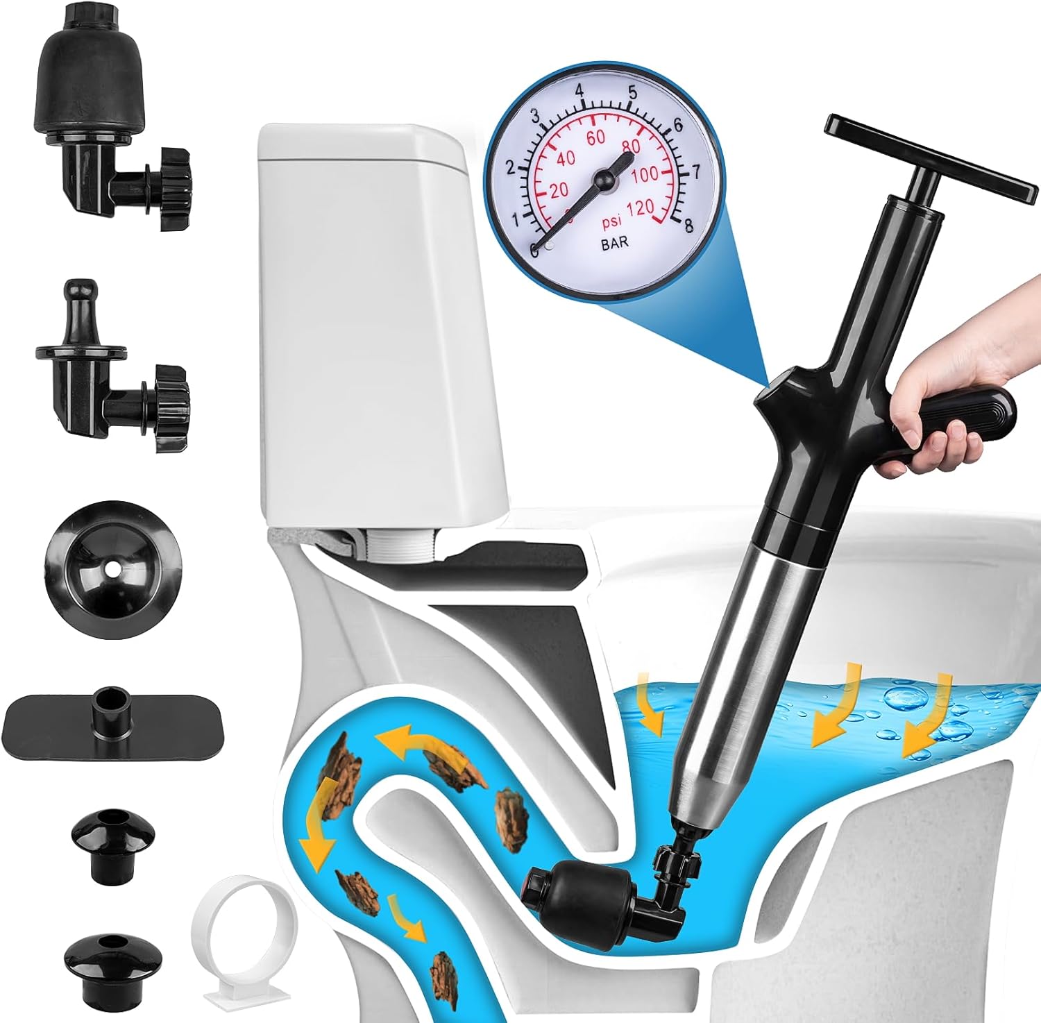 Luney high pressure toilet plunger with visual barometer front view