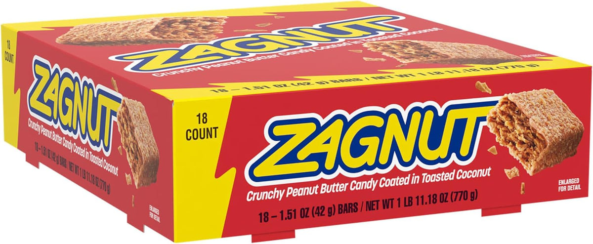 Individually wrapped Zagnut peanut butter coconut candy bar angled view