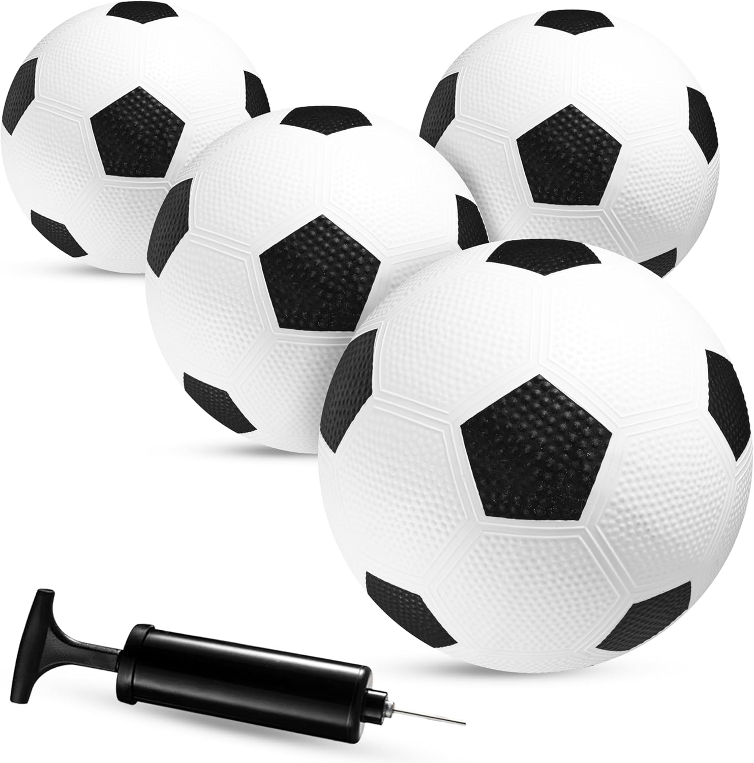 PlayBolt youth soccer balls pack front view showcasing four classic black and white beginner footballs.
