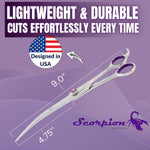 Kenchii Scorpion professional pet grooming shears showing the micro-serrated Japanese alloy steel blades.
