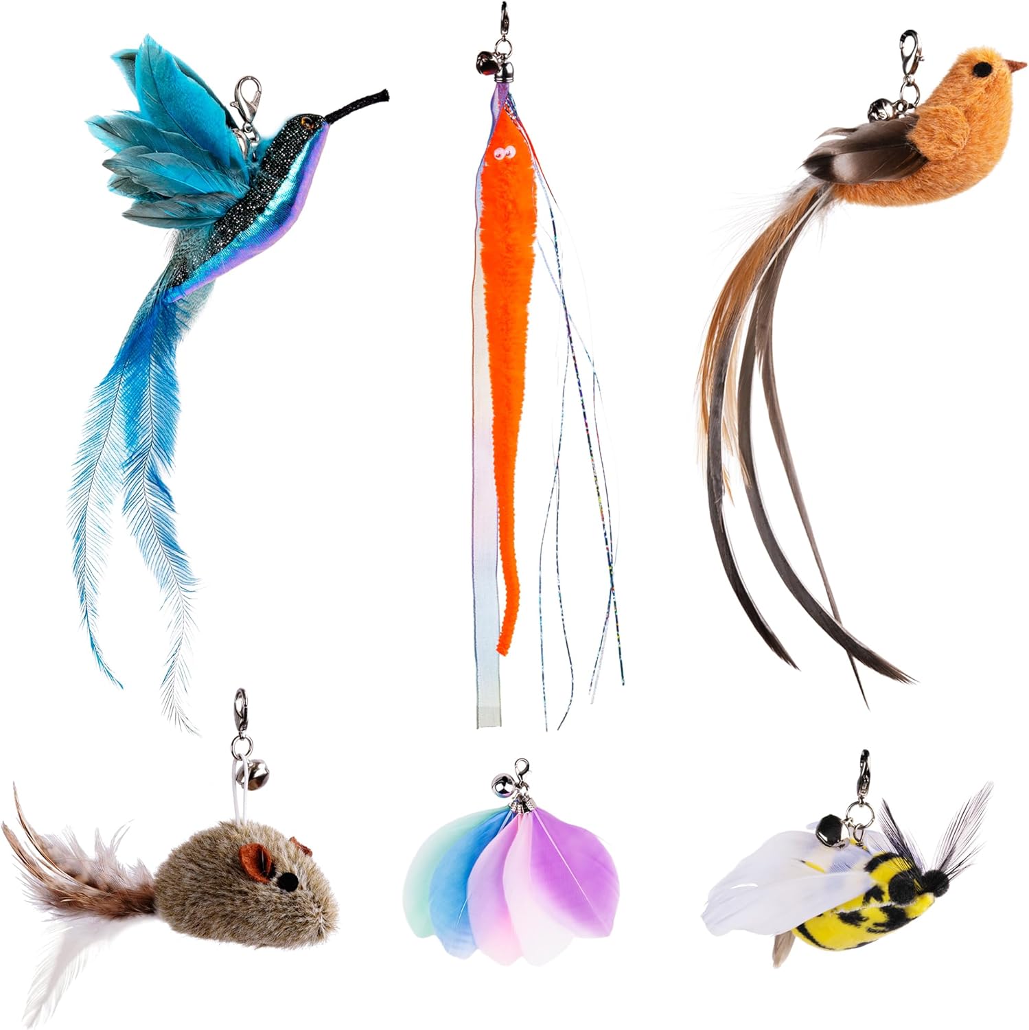 JXFUKAL cat feather toy refills front view showing six replacement lures.