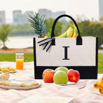 TOPDesign canvas beach bag side angle showing depth