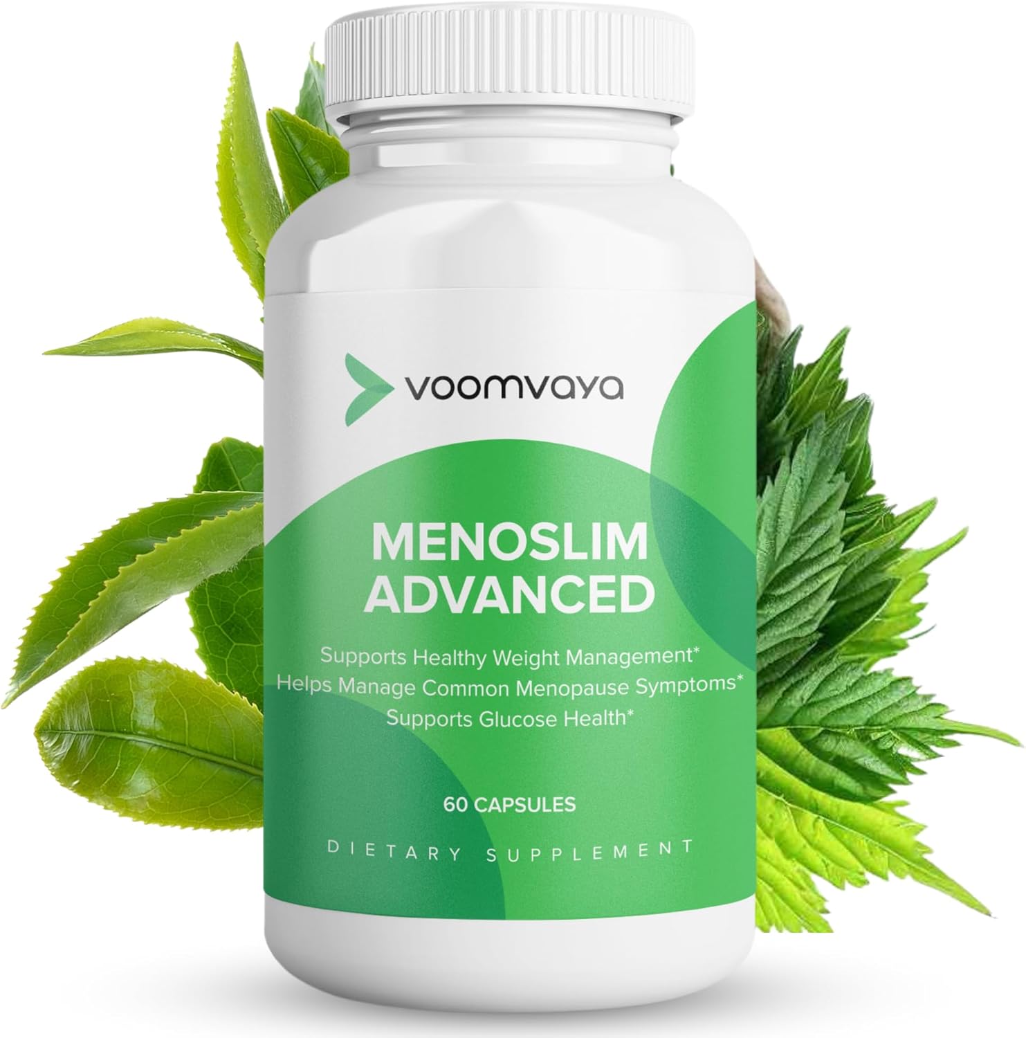 VoomVaya MenoSlim Advanced Menopause Weight Loss front view of the sixty capsules bottle