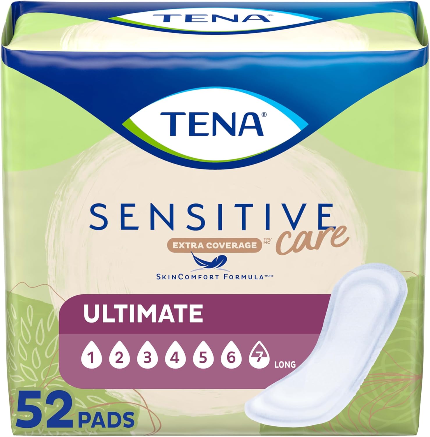 Tena Sensitive Care ultimate incontinence pads fifty two count front packaging view