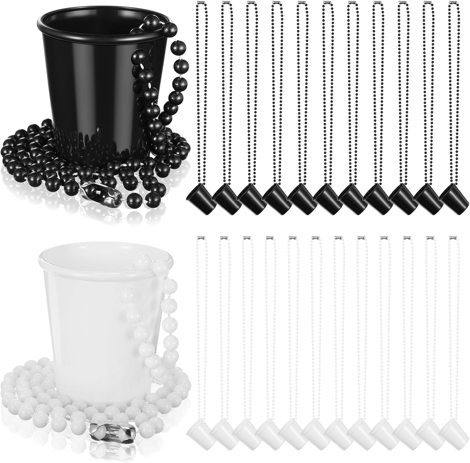 Dandat Shot Glass Beaded Necklace front view showing black and white cups.