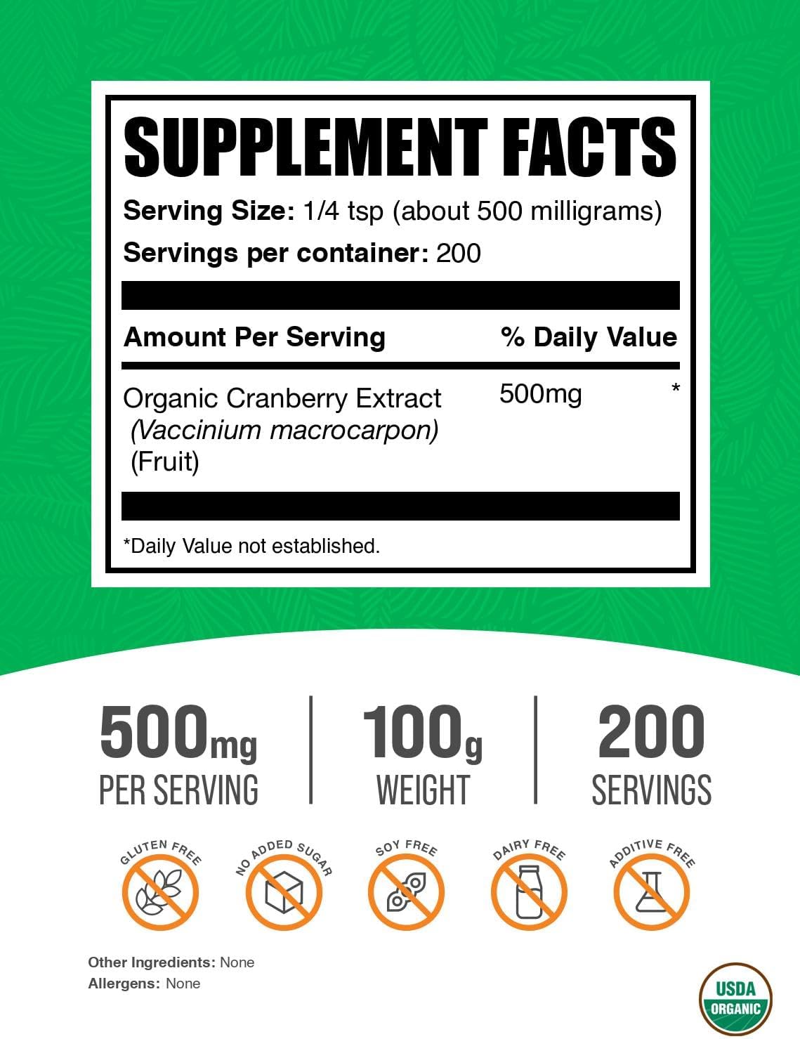 BulkSupplements cranberry herbal supplement bag highlighting the USDA Organic seal