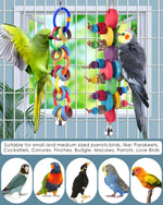 Bissap bird accessories showing the full length of the multicolored hanging toy for cockatiels and macaws.