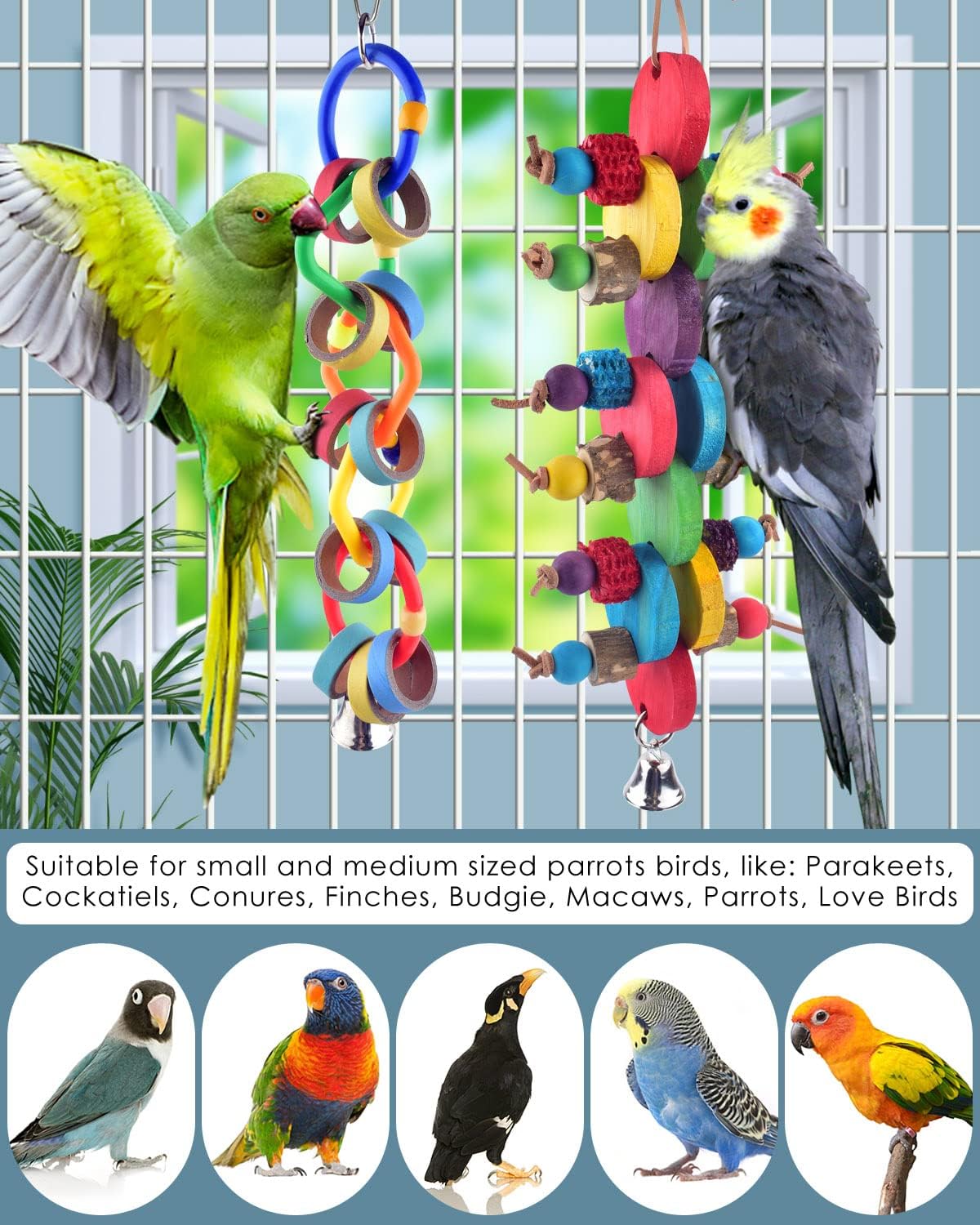 Bissap bird accessories showing the full length of the multicolored hanging toy for cockatiels and macaws.