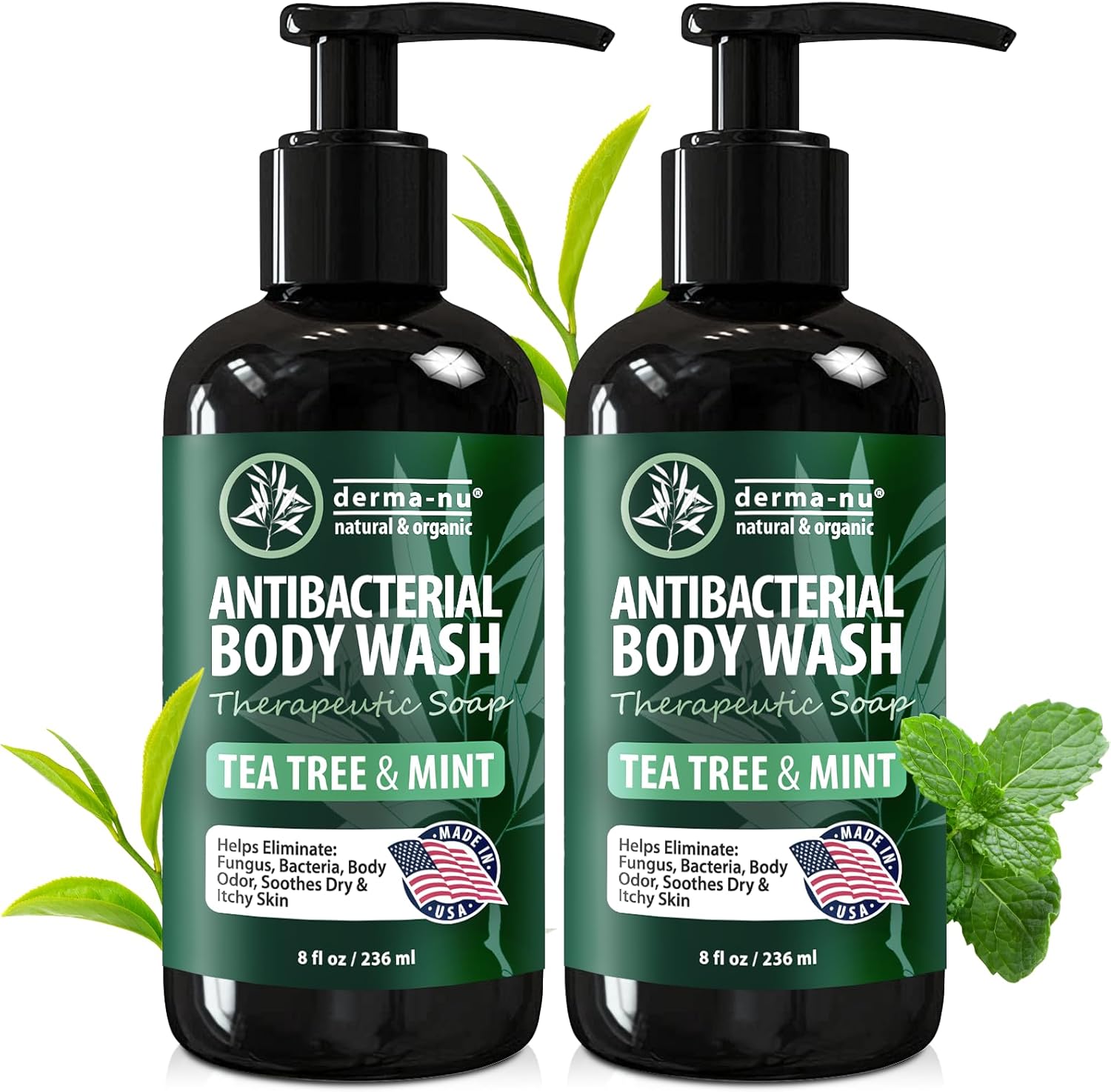 Derma-Nu Antibacterial Soap Body Wash front view showing tea tree and mint oil labels