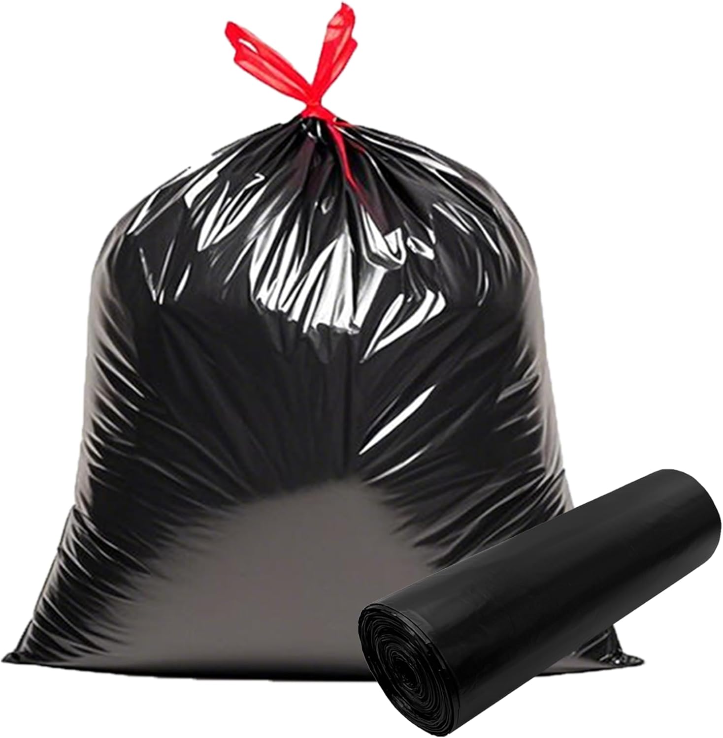 Premium eight gallon drawstring trash bags front view showing red closure ribbon.