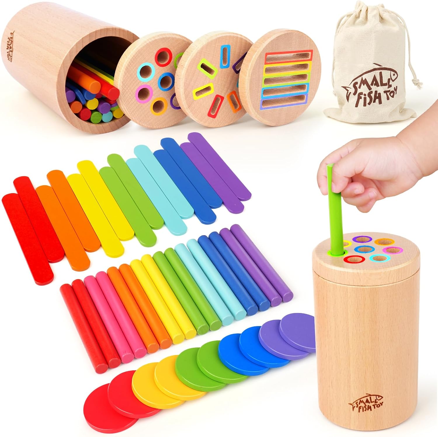 Small Fish 3-in-1 Montessori wooden toy set for toddlers front view