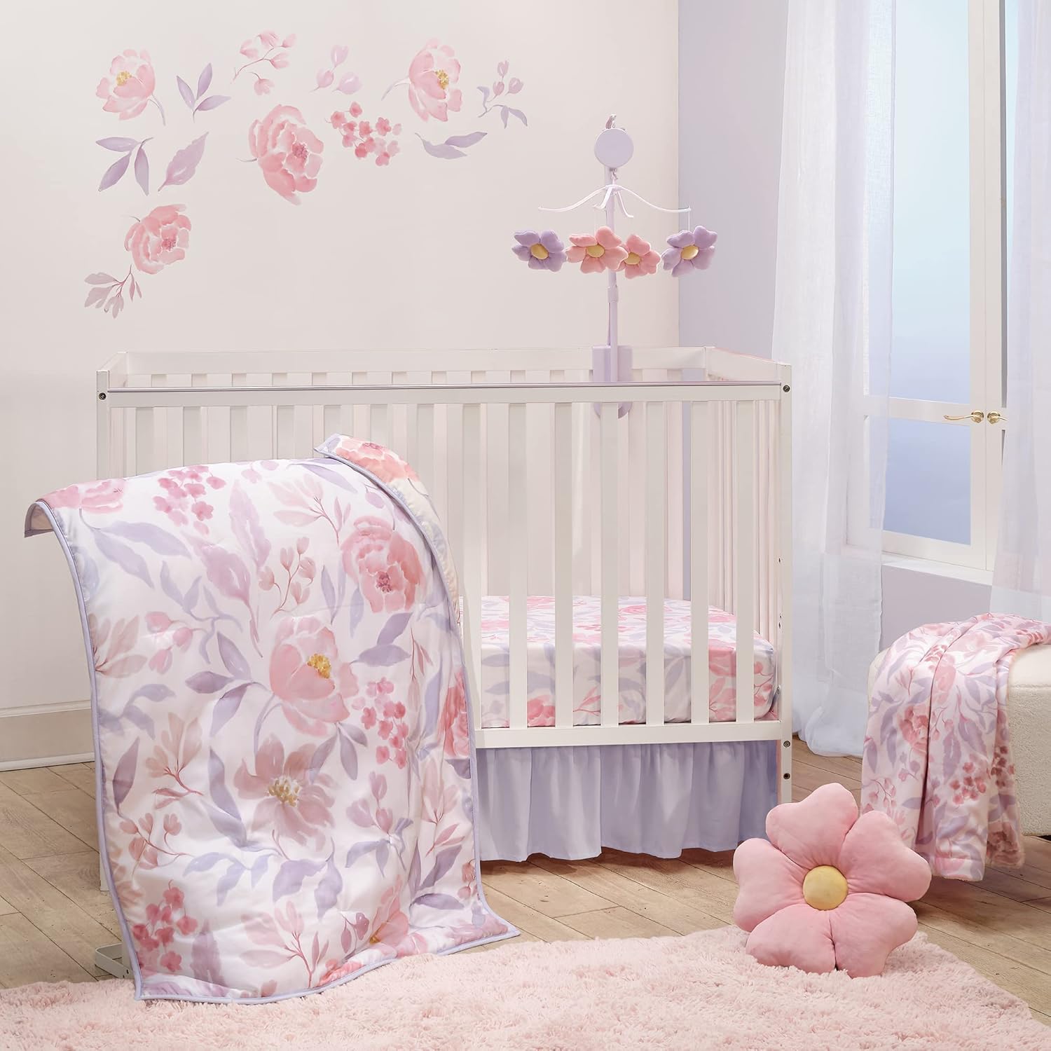 Bedtime Originals Lavender Floral Baby Crib Bedding Set front view of beautifully styled nursery crib.