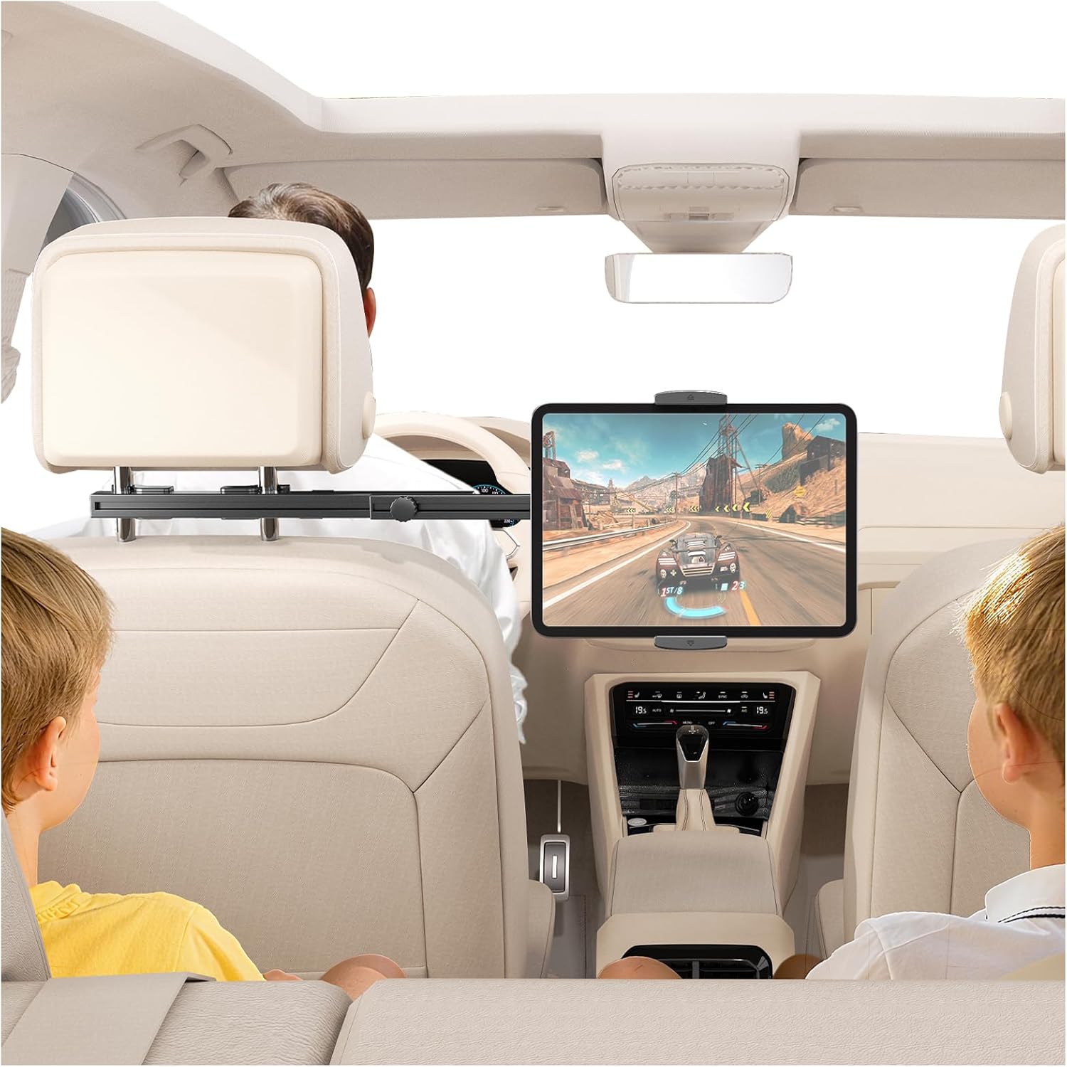 Teefeet headrest tablet holder for car front view showing premium aircraft grade aluminum construction.