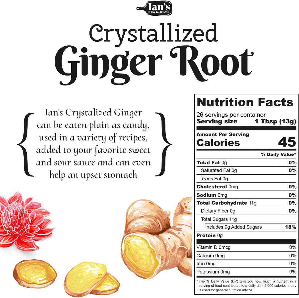 Sweet and spicy candied ginger chews displayed outside the resealable packaging.