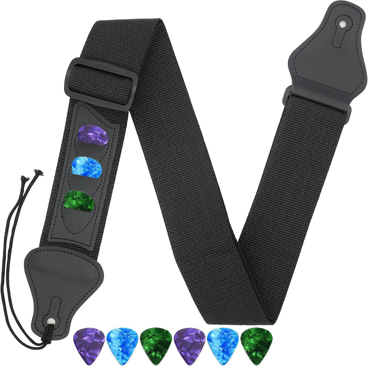 Qivorimith guitar strap front view showing black nylon webbing and accessories