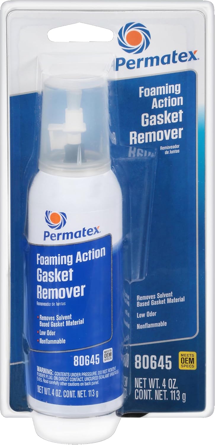 Permatex Low VOC Gasket Remover four ounce front view showing aerosol can and built-in brush tip