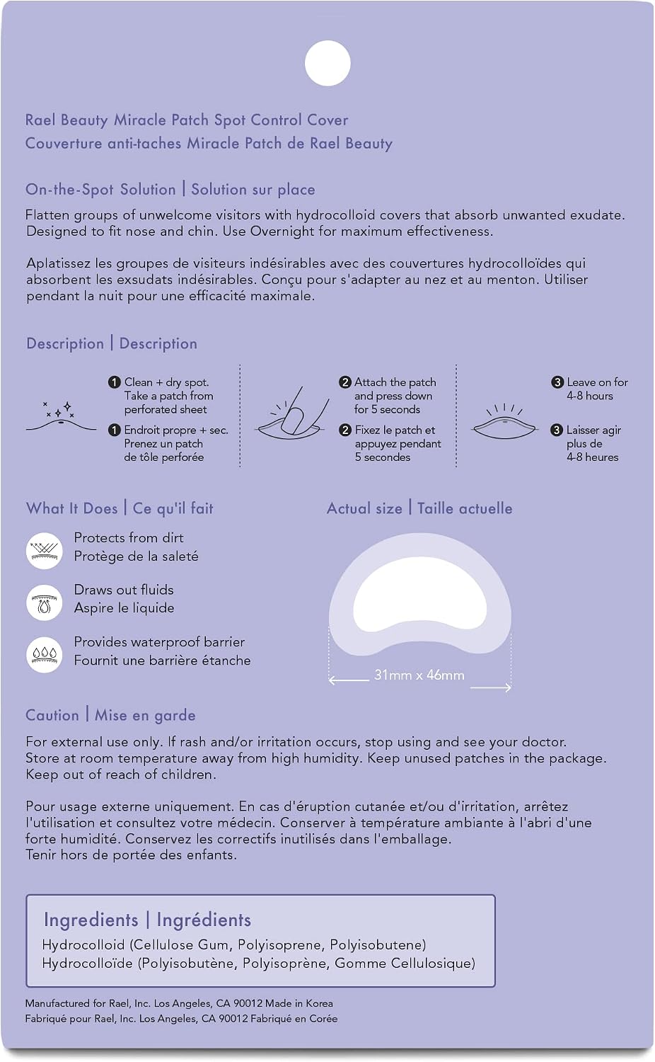 Rael acne pimple healing patch packaging detailing product count and dimensions