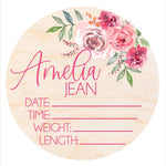 Toyvian personalized birth stat sign front view showing pink floral pattern on round wooden plaque