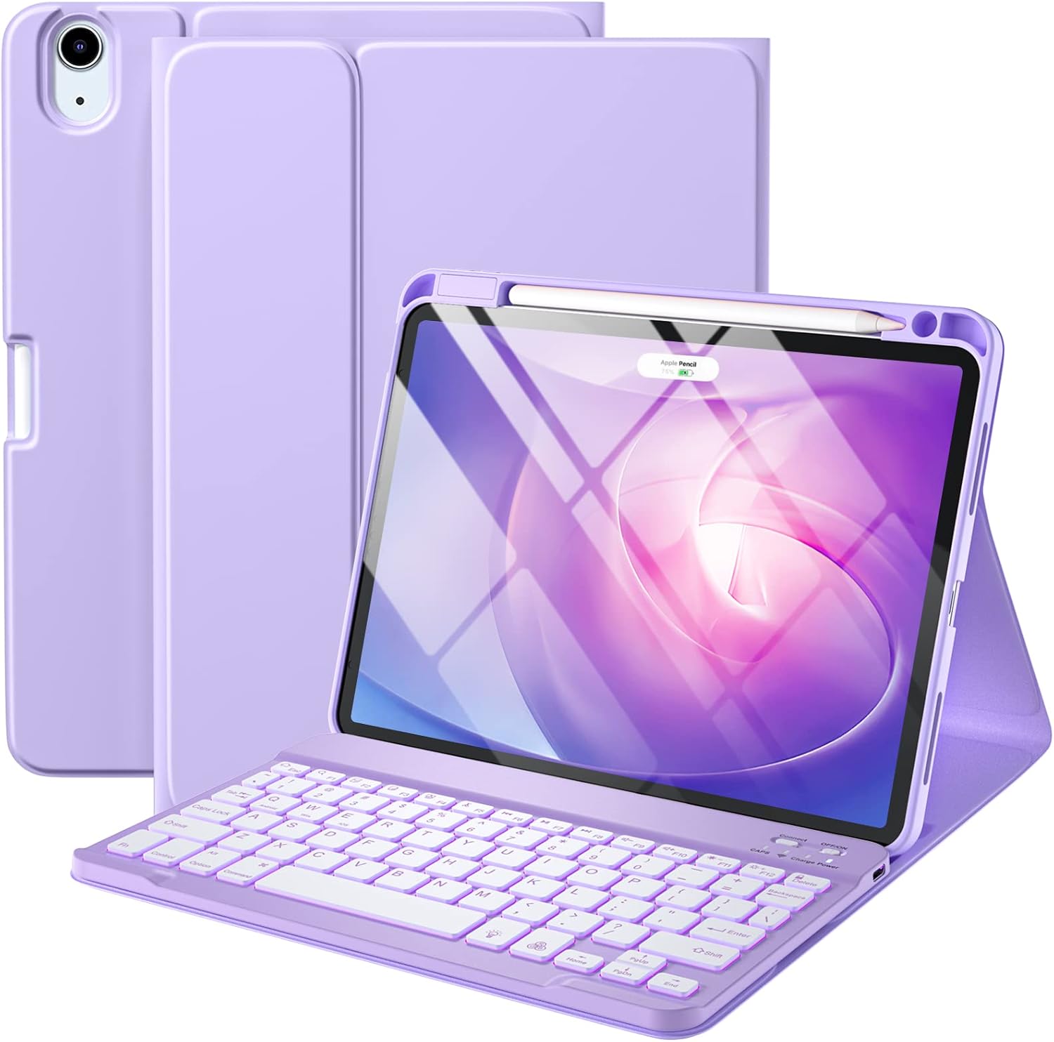 Harvopu iPad Air keyboard case in purple color front view showing backlit keys