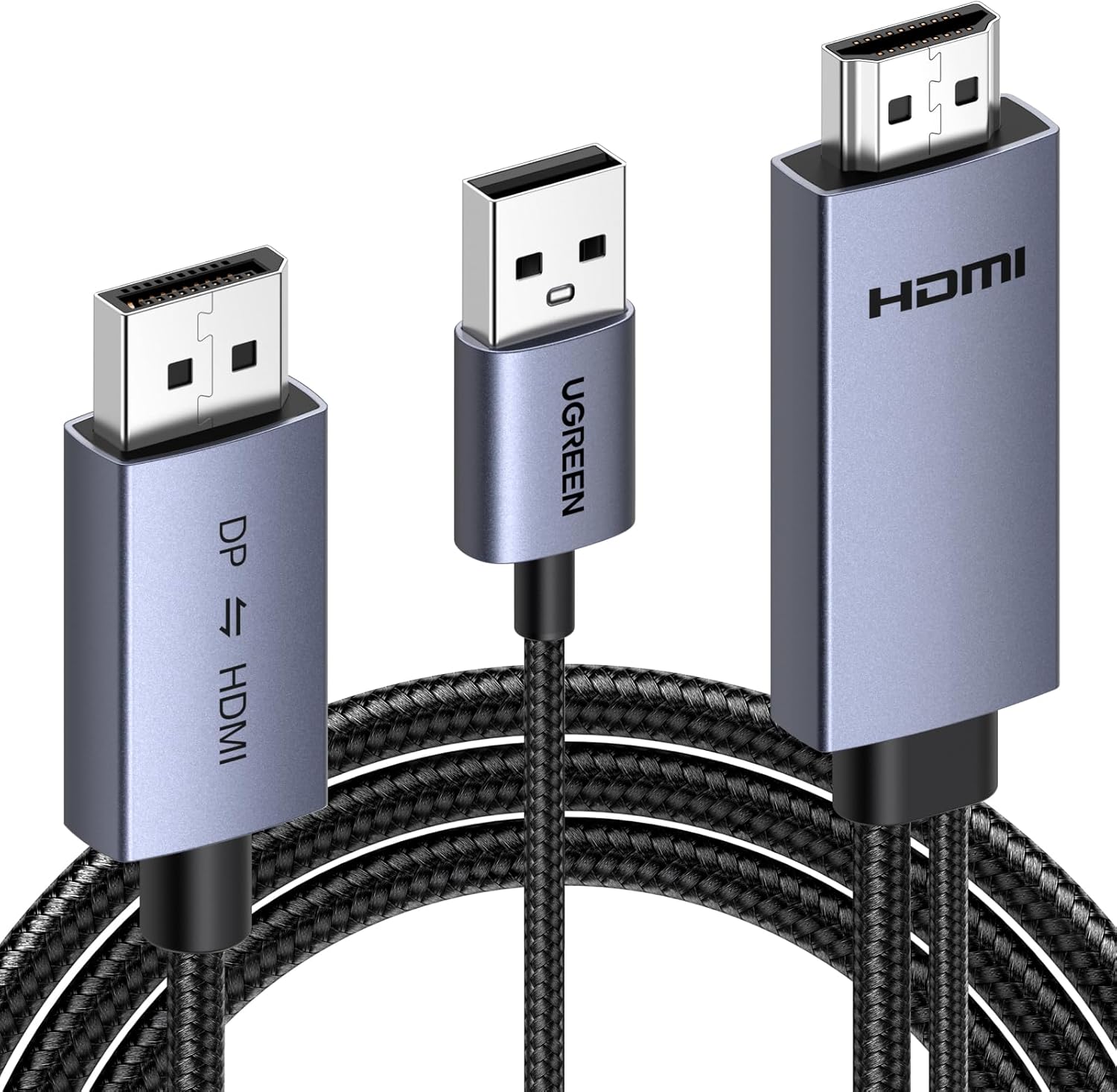 UGREEN bidirectional HDMI to DisplayPort cable front view showing premium braided cord and metallic connectors.