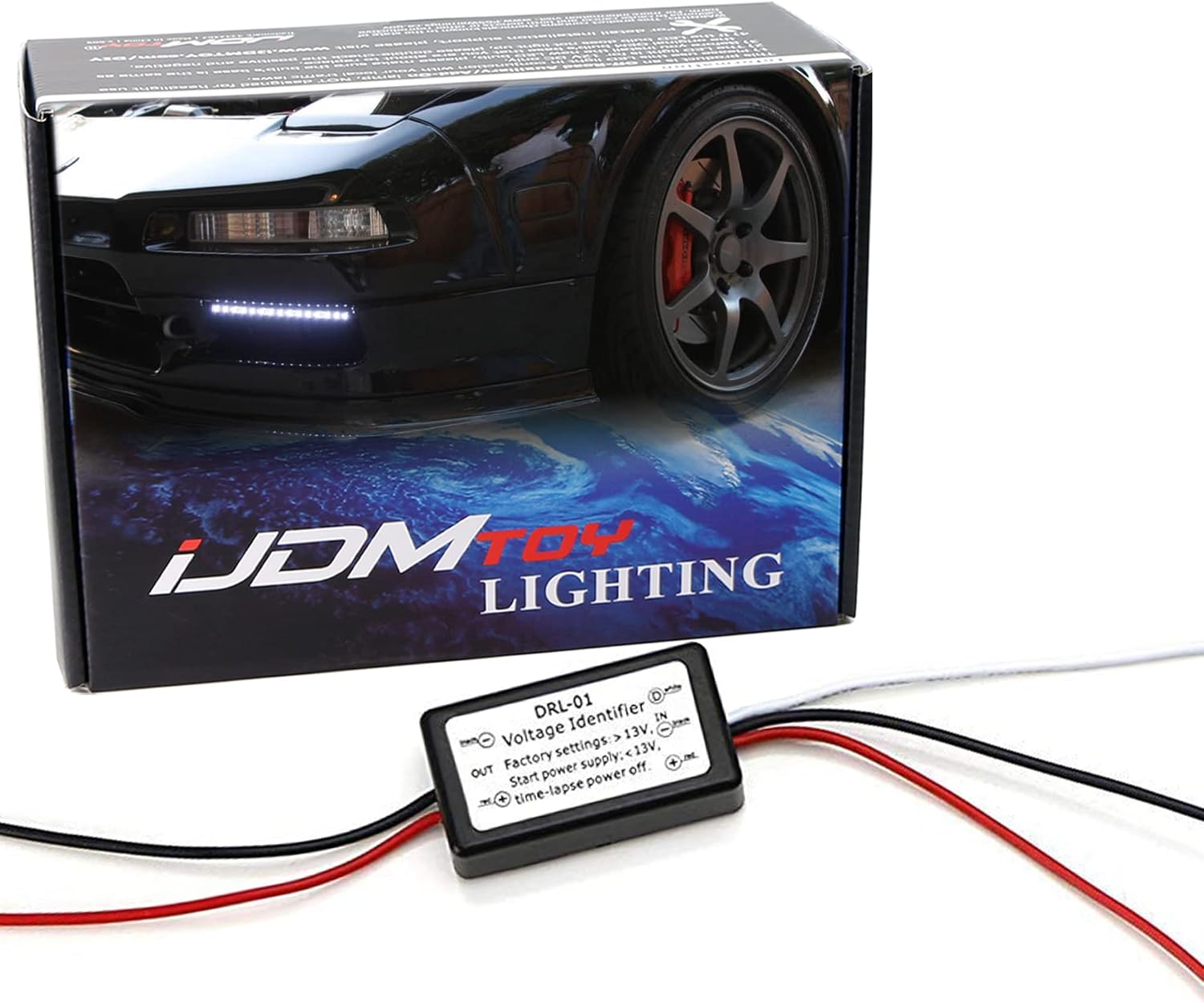 iJDMTOY LED DRL switch controller module box front view showing technical wiring diagram