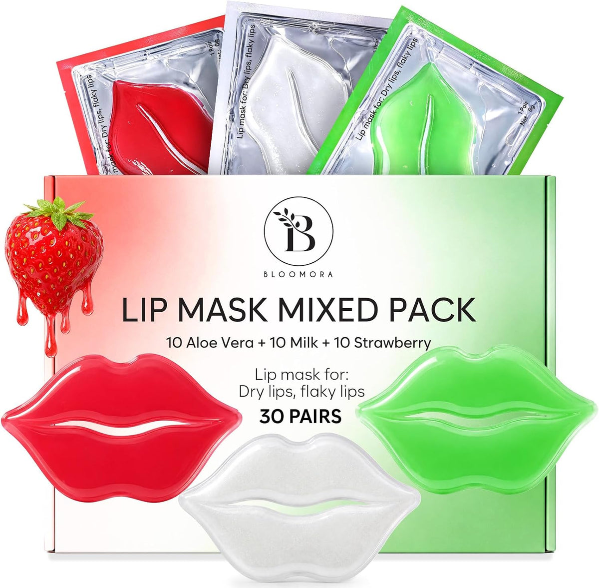 Bloomora Moisturizing Lip Mask Set front view showcasing 30-piece box and hydrogel patch design.