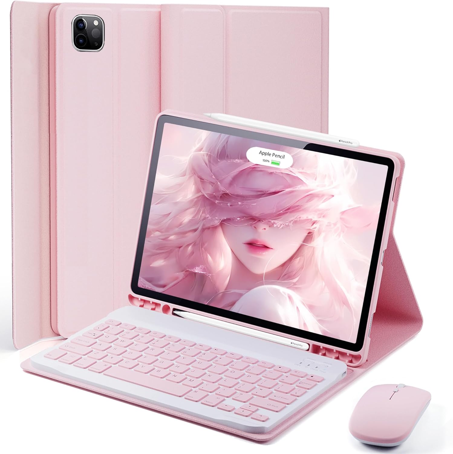 TUNKARMOR iPad Pro 13 keyboard case in pink shown from the front with keyboard attached