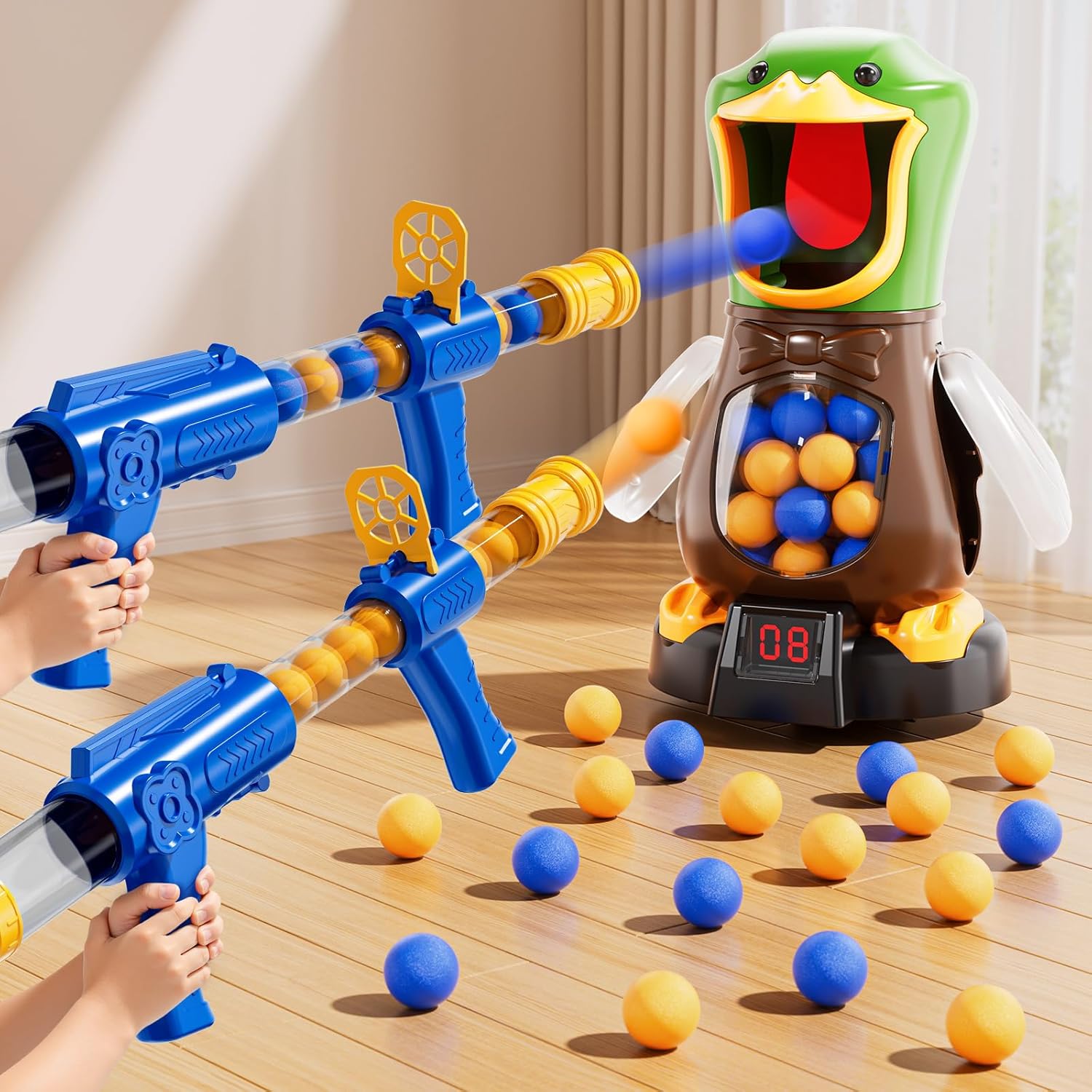 Niplooow duck shooting game with movable target and foam launchers
