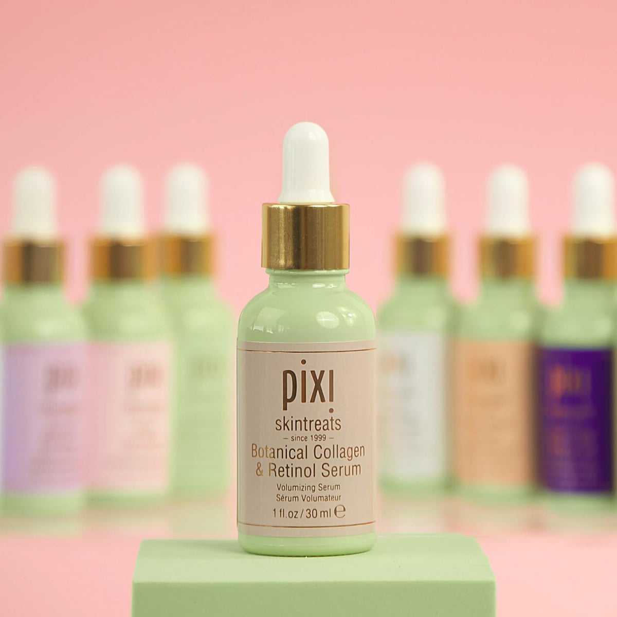 Pixi Beauty purple skincare bottle highlighting firming smoothing and hydrating benefits for fine lines.