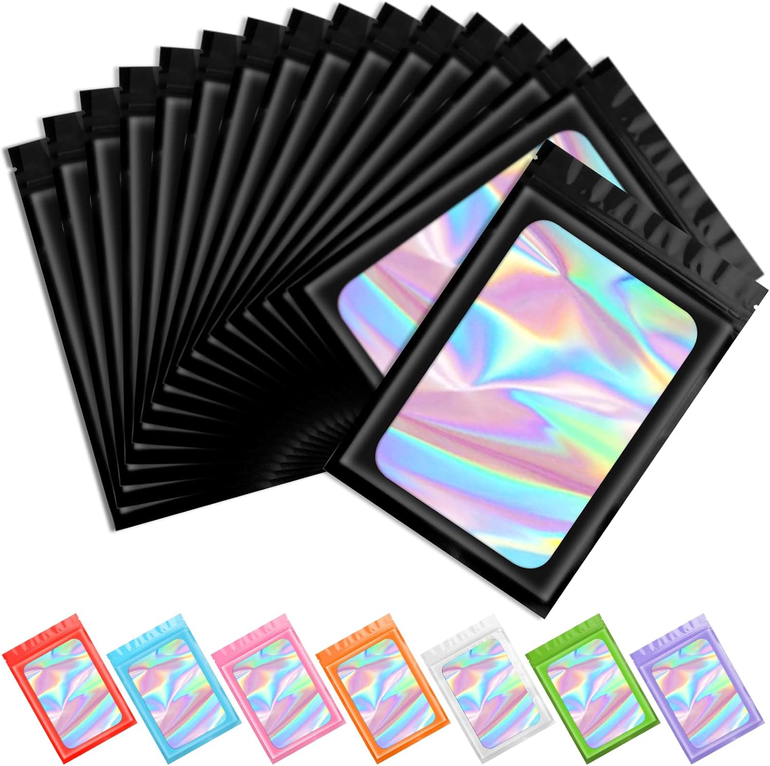 Funfery Black Mylar Holographic Bags front view for small business packaging.