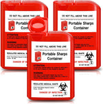 Baderke red pocket travel sharps disposal container with biohazard symbol for needle waste