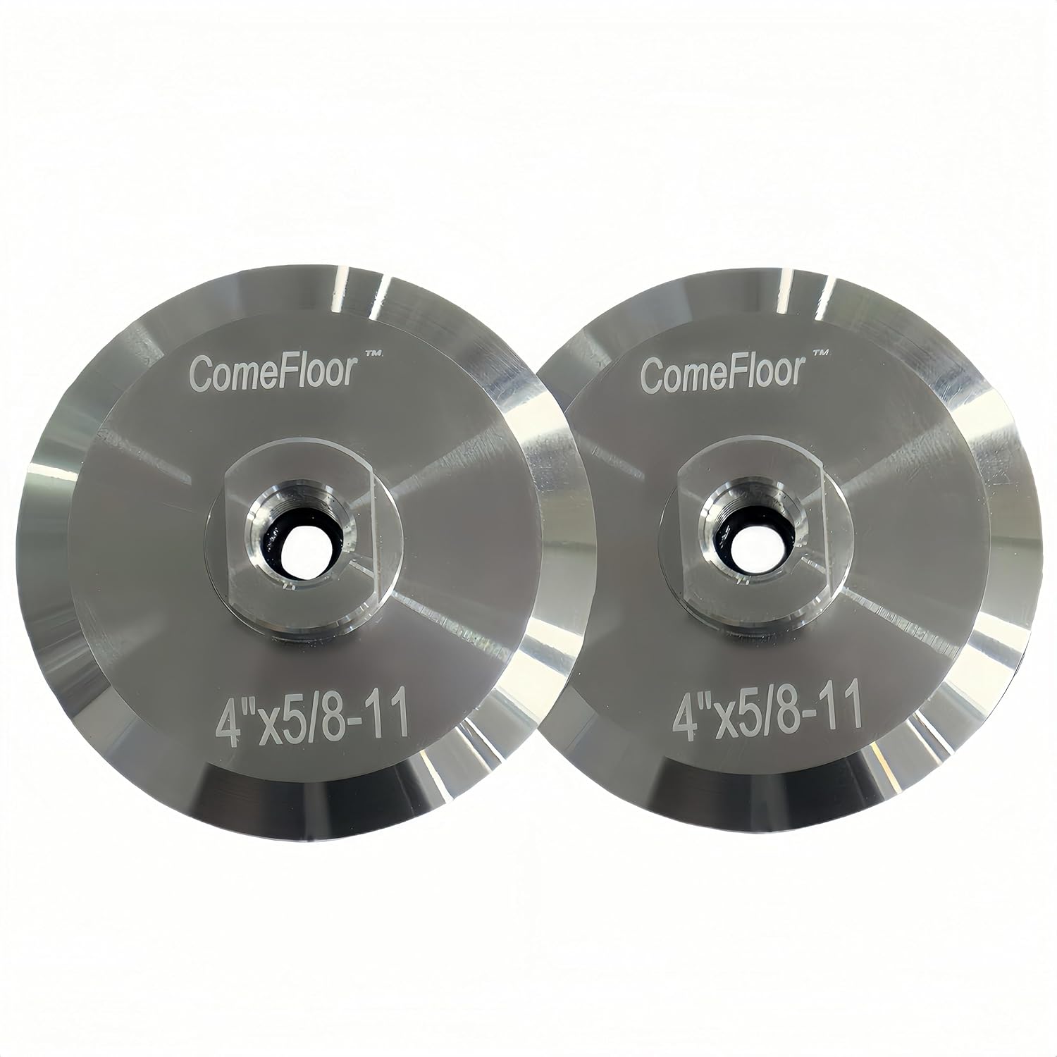 ComeFloor 4 inch aluminum backer pad front view highlighting the rigid metal construction and 5/8-11 threaded arbor.