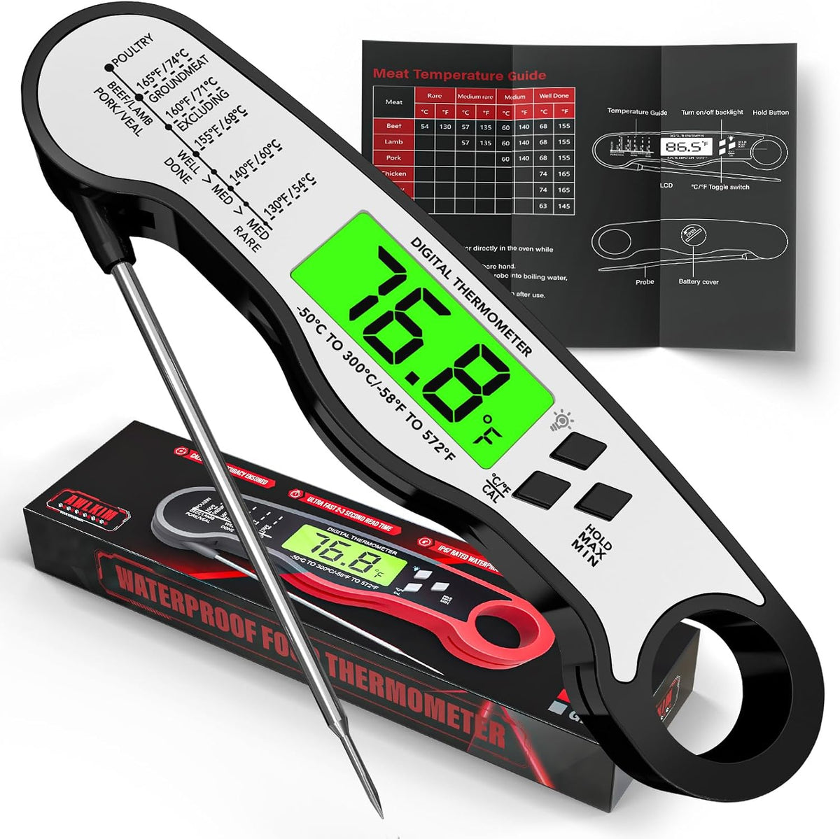 AWLKIM Meat Thermometer Digital, Instant Read Food Thermometer, Red | Waterproof cooking thermometer with doneness chart, backlight, F/C switch for BBQ, candy, oil - Image 11